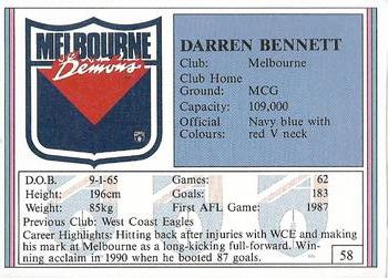 1992 AFL Regina #58 Darren Bennett Back